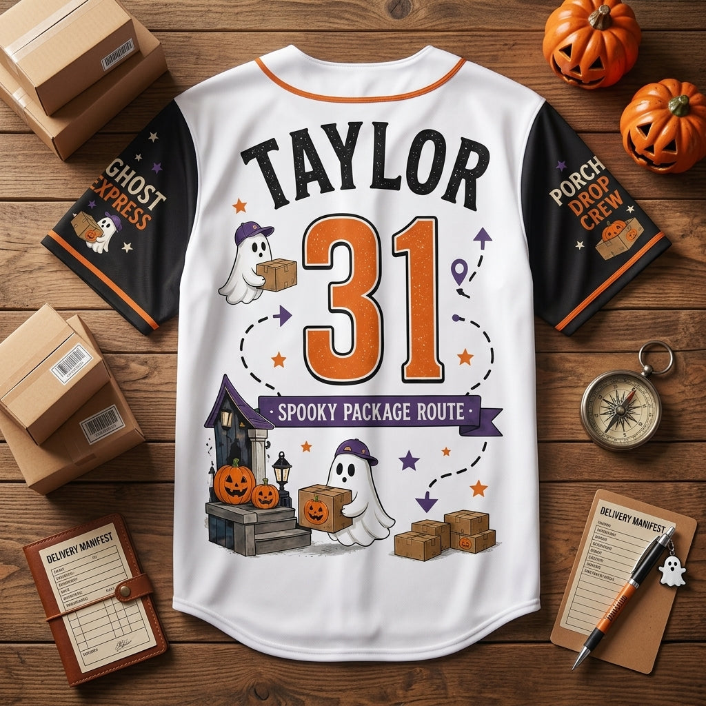 Personalized Trick or Treat Delivery Crew Halloween Baseball Jersey - Custom Name Ghost Express Spooky Shirt
