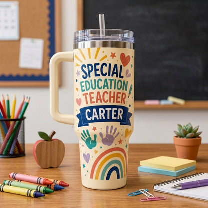 Personalized Special Education Teacher 40oz Tumbler with Handle - Custom Name Inclusion Squad Gift