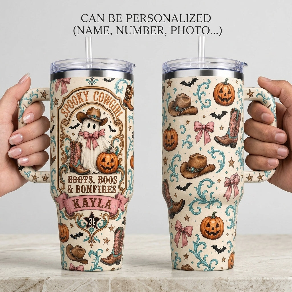 Personalized Spooky Cowgirl 40oz Tumbler with Handle, Custom Name Boots Boos & Bonfires Halloween Travel Mug