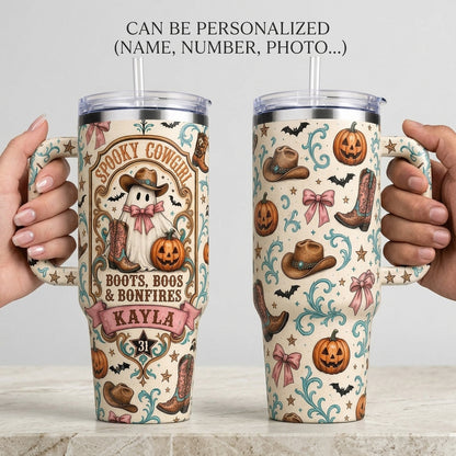 Personalized Spooky Cowgirl 40oz Tumbler with Handle, Custom Name Boots Boos & Bonfires Halloween Travel Mug