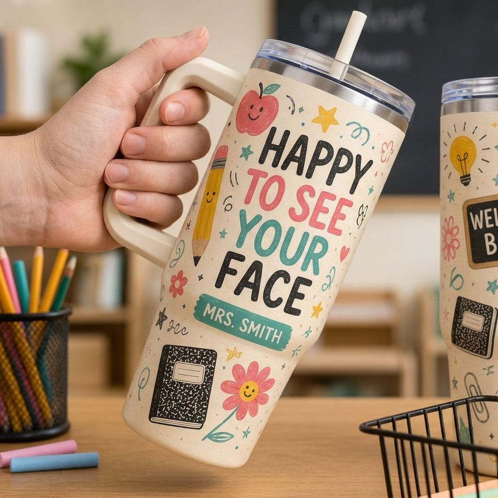 Personalized Teacher 40oz Tumbler with Handle - Custom Name School Gift - Happy To See Your Face Design