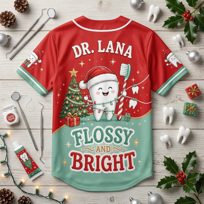 Personalized Merry Flossmas Dental Hygienist Baseball Jersey - Custom Name Christmas Tooth Squad Shirt