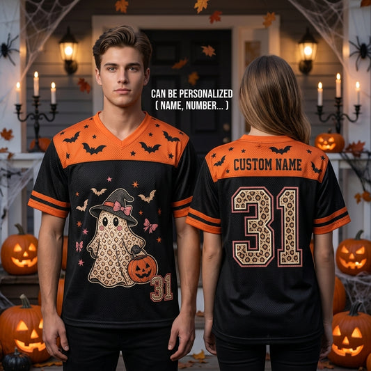 Personalized Halloween Ghost Leopard Print Football Jersey - Custom Name Spooky Mesh Sport Shirt