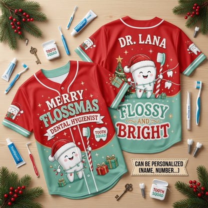 Personalized Merry Flossmas Dental Hygienist Baseball Jersey - Custom Name Christmas Tooth Squad Shirt