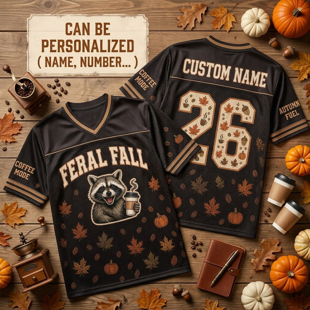 Personalized Feral Fall Raccoon Football Jersey - Custom Name & Coffee Mode Autumn Apparel