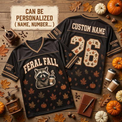 Personalized Feral Fall Raccoon Football Jersey - Custom Name & Coffee Mode Autumn Apparel
