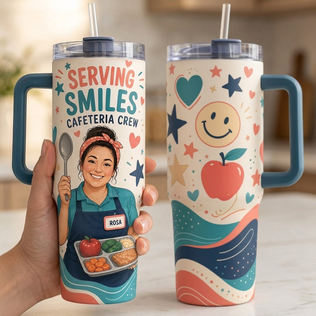 Personalized Serving Smiles Cafeteria Crew 40oz Tumbler with Handle - Custom Name Lunch Lady Gift