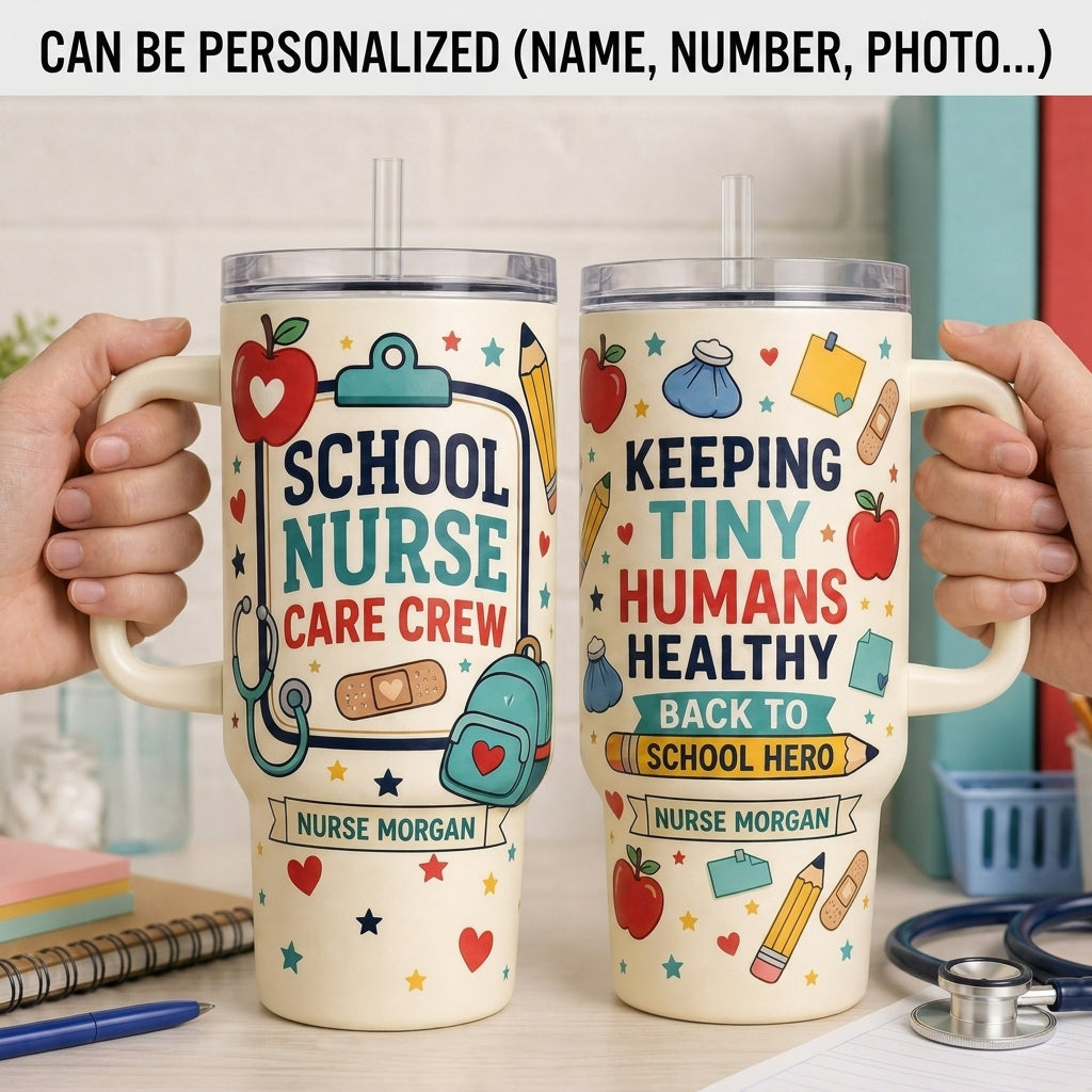 Personalized School Nurse Care Crew 40oz Tumbler with Handle - Custom Name Keeping Tiny Humans Healthy Mug