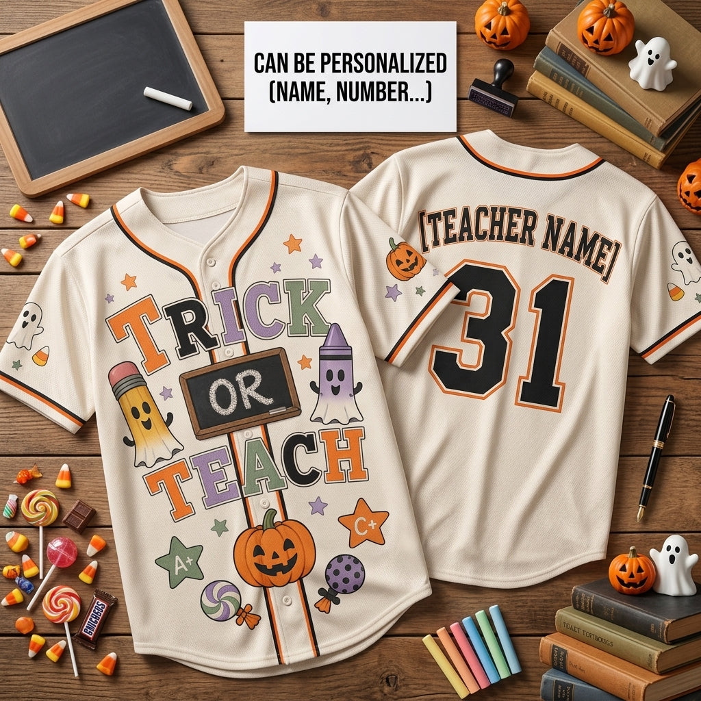 Personalized Trick or Teach Halloween Baseball Jersey - Custom Name Teacher Gift Shirt