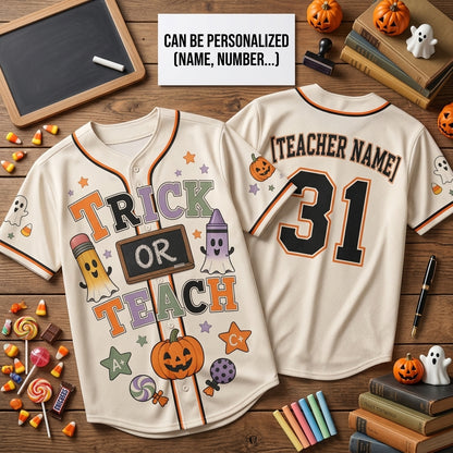Personalized Trick or Teach Halloween Baseball Jersey - Custom Name Teacher Gift Shirt