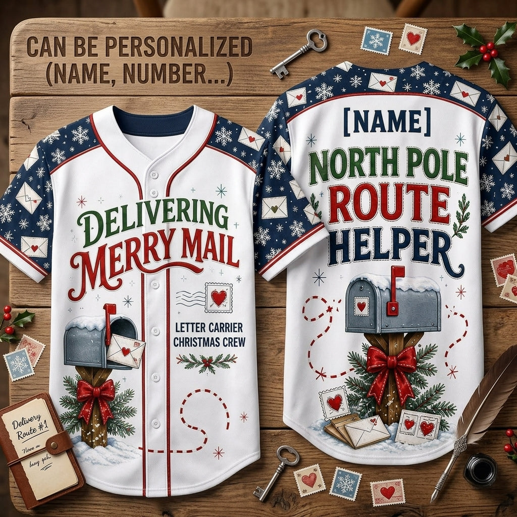 Personalized Mail Carrier Christmas Baseball Jersey - Custom Name North Pole Route Helper Postal Worker Gift