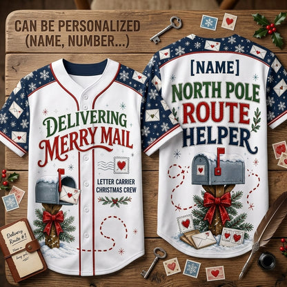 Personalized Mail Carrier Christmas Baseball Jersey - Custom Name North Pole Route Helper Postal Worker Gift