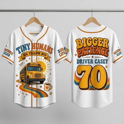 Personalized School Bus Driver Baseball Jersey - Custom Name and Number Tiny Humans Big Yellow Bus Gift