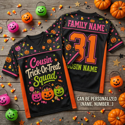 Personalized Cousin Trick-Or-Treat Squad Halloween Football Jersey - Custom Family Name & Number