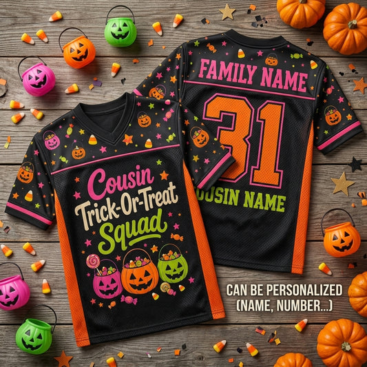 Personalized Cousin Trick-Or-Treat Squad Halloween Football Jersey - Custom Family Name & Number