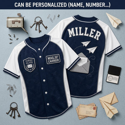 Personalized Mail Carrier Baseball Jersey - Custom Name First Class Postal Worker Gift - Navy Sporty Athleisure