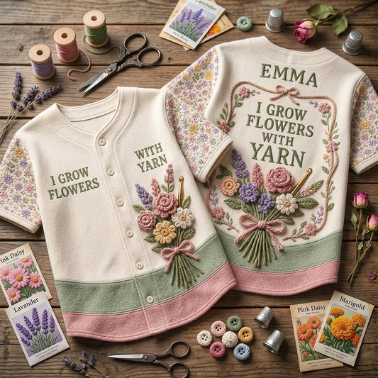 Personalized I Grow Flowers With Yarn Baseball Jersey - Custom Name Floral Crochet Gift for Knitters and Crafters