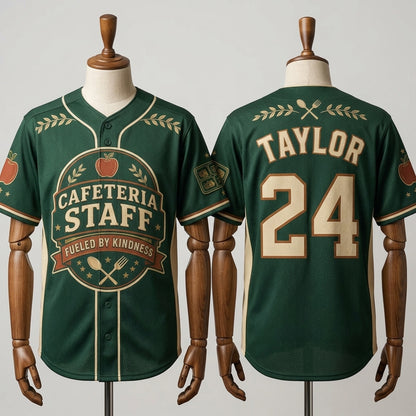 Personalized Cafeteria Staff Baseball Jersey - Custom Name & Number Fueled by Kindness School Uniform