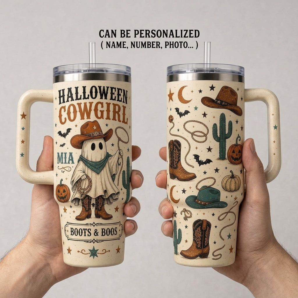 Personalized Halloween Cowgirl 40oz Tumbler with Handle - Custom Name Boots & Boos Western Spooky Gift