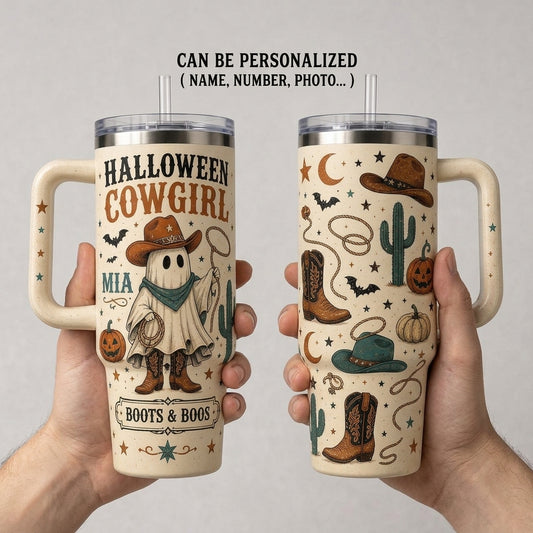 Personalized Halloween Cowgirl 40oz Tumbler with Handle - Custom Name Boots & Boos Western Spooky Gift