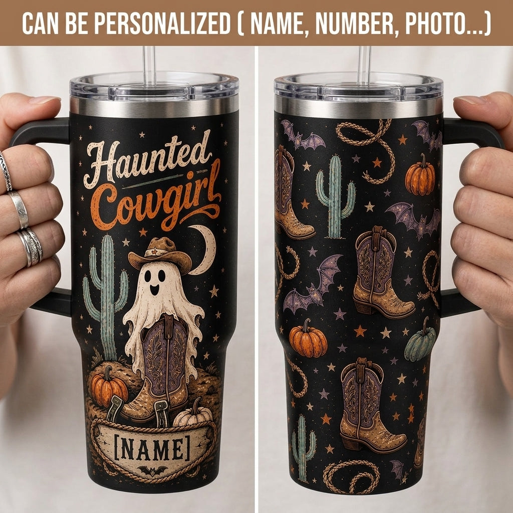 Personalized Haunted Cowgirl 40oz Tumbler with Handle - Custom Name Western Halloween Ghost Gift