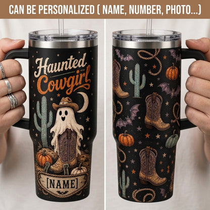 Personalized Haunted Cowgirl 40oz Tumbler with Handle - Custom Name Western Halloween Ghost Gift