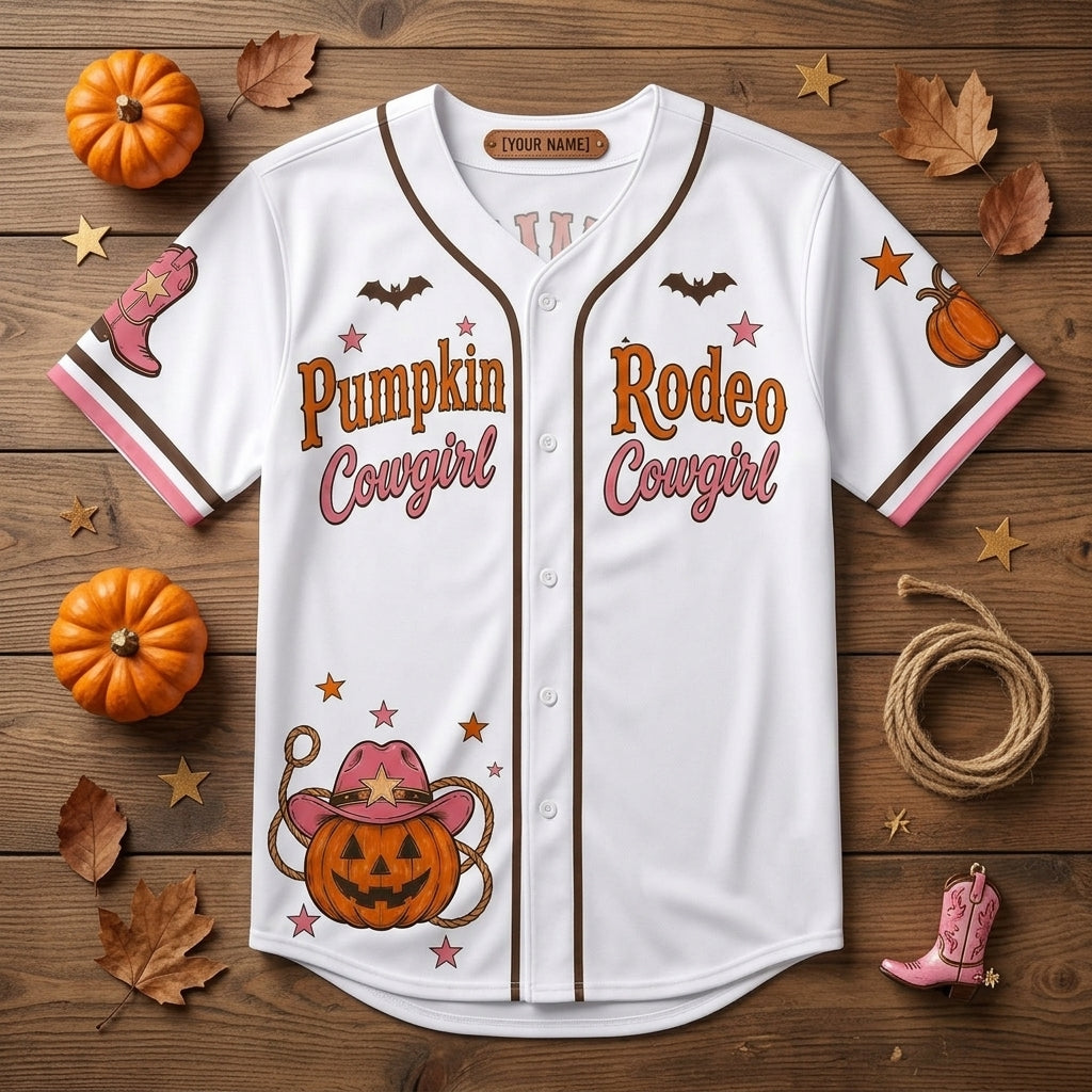 Personalized Pumpkin Rodeo Cowgirl Halloween Baseball Jersey - Custom Name & Number Western Shirt