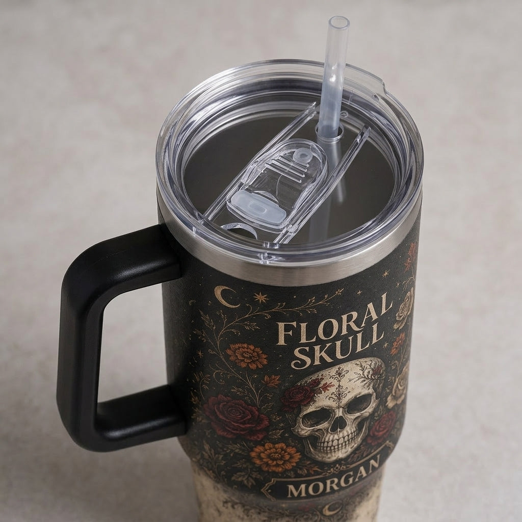Personalized Floral Skull 40oz Tumbler with Handle, Gothic Rose & Moon Design Custom Name Gift