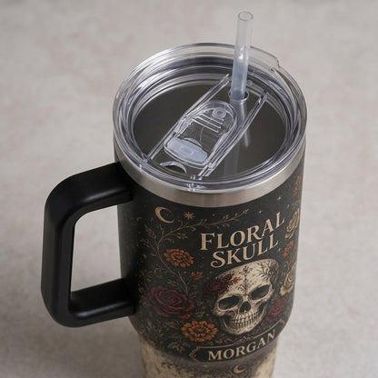 Personalized Floral Skull 40oz Tumbler with Handle, Gothic Rose & Moon Design Custom Name Gift