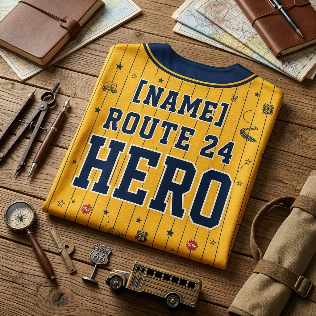 Personalized School Bus Driver Baseball Jersey - Custom Name Route Hero Yellow & Navy Athletic Shirt