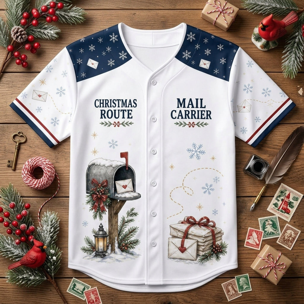 Personalized Mail Carrier Christmas Baseball Jersey - Custom Name Postal Worker Holiday Shirt