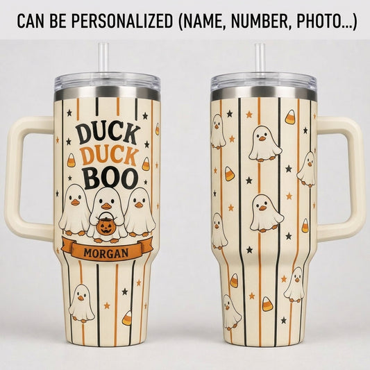 Personalized Duck Duck Boo 40oz Tumbler with Handle - Custom Halloween Ghost Ducks Travel Mug