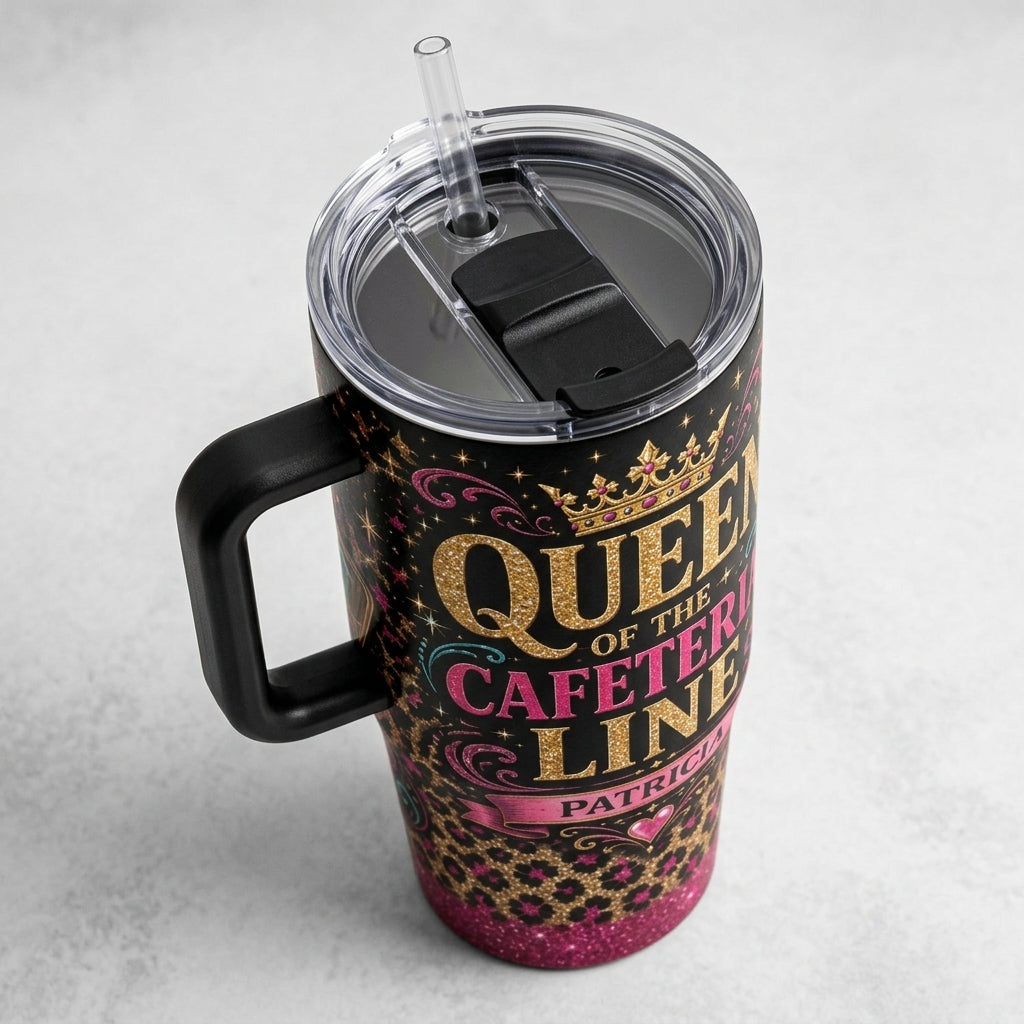 Personalized Queen of the Cafeteria Line 40oz Tumbler with Handle - Custom Name School Lunch Lady Gift