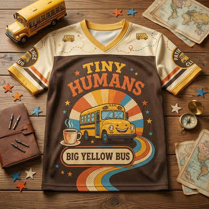 Personalized School Bus Driver Football Jersey - Custom Name & Number Retro Tiny Humans Mesh Shirt