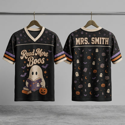Personalized Read More Boos Halloween Football Jersey - Custom Name Ghost Book Lover Sporty Apparel