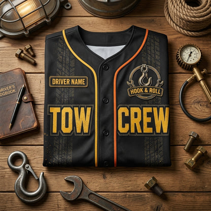 Personalized Tow Truck Driver Baseball Jersey - Custom Name Roadside Tow Crew Hook and Roll Recovery Apparel
