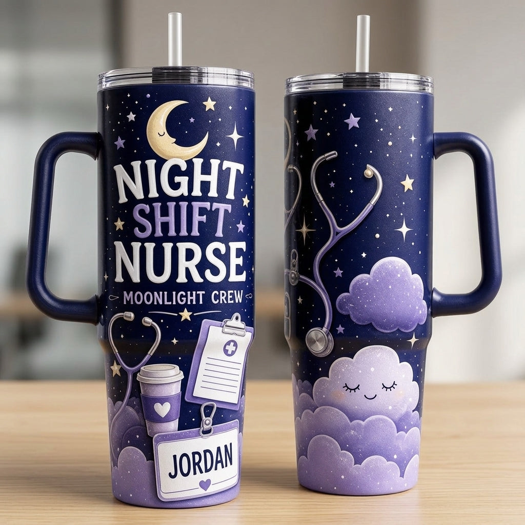 Personalized Night Shift Nurse 40oz Tumbler with Handle - Custom Name Moonlight Crew Nursing Gift