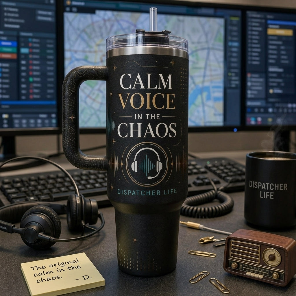 Personalized Calm Voice In The Chaos 40oz Tumbler with Handle - Custom Name Dispatcher Life Gift - 40oz tumbler mockup 3