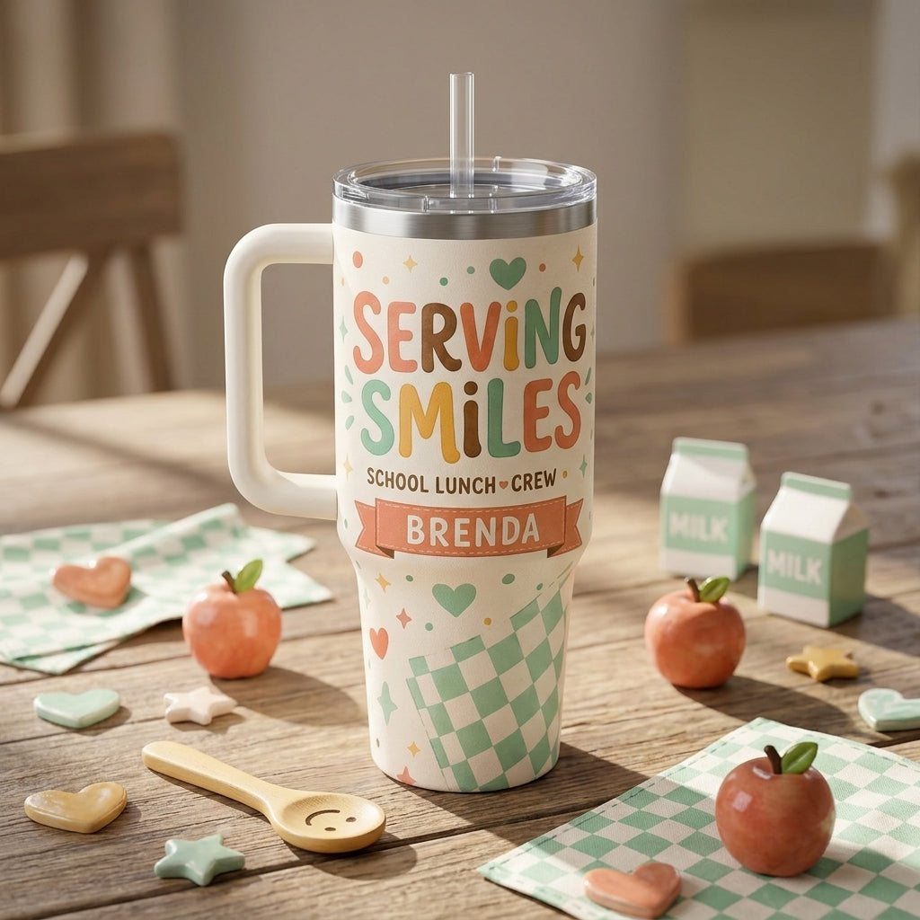 Personalized Serving Smiles School Lunch Crew 40oz Tumbler with Handle, Custom Cafeteria Worker Gift