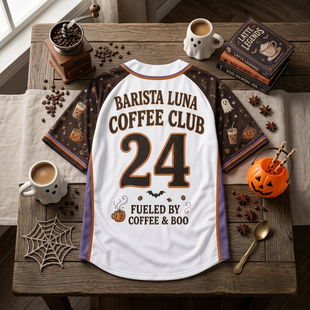 Personalized Spooky Coffee Club Baseball Jersey - Custom Name & Number Halloween Gift for Coffee Lovers & Baristas
