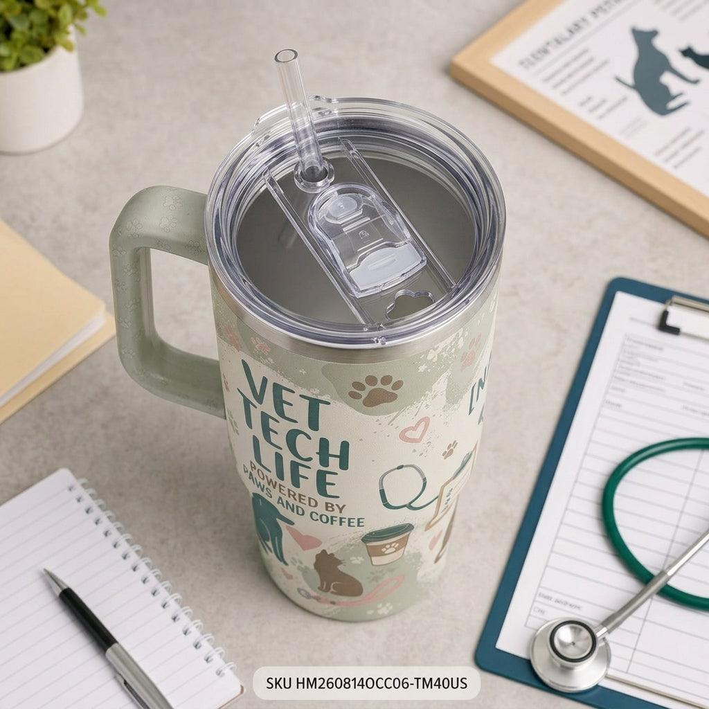 Personalized Vet Tech Life 40oz Tumbler with Handle - Custom Name Gift for Veterinary Technician - 40oz tumbler mockup 5