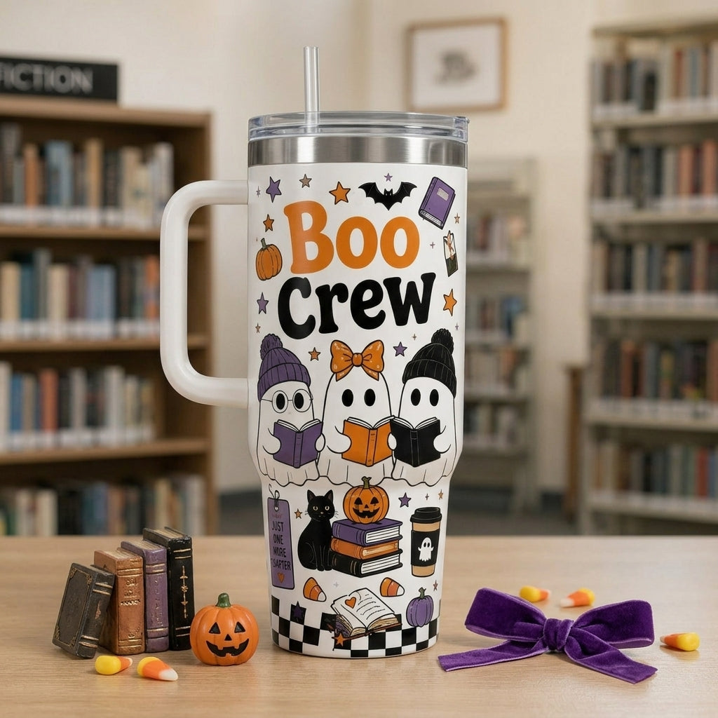 Personalized Boo Crew Book Lover Halloween 40oz Tumbler with Handle - Custom Name Ghost Reading Travel Mug