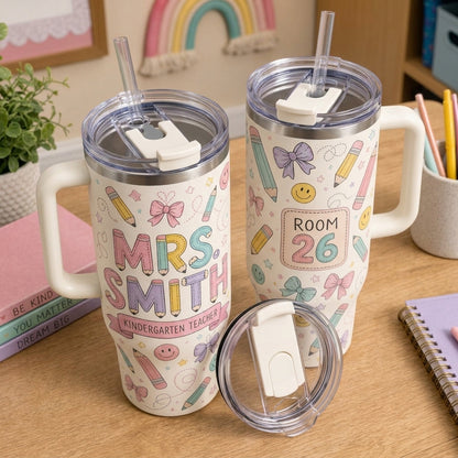 Personalized Teacher 40oz Tumbler with Handle - Custom Name & Grade School Doodle Gift