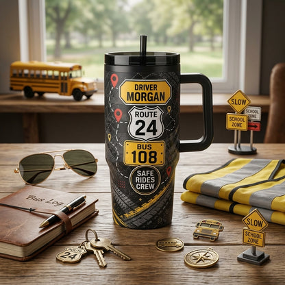 Personalized School Bus Driver 40oz Tumbler with Handle - Custom Route Squad Gift