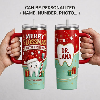 Personalized Merry Flossmas Dental Hygienist 40oz Tumbler with Handle - Custom Name Dentist Christmas Gift