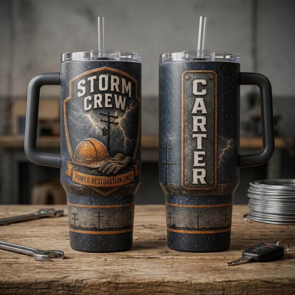 Personalized Storm Crew Lineman 40oz Tumbler with Handle, Custom Name Power Restoration Unit Gift product view 2