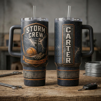 Personalized Storm Crew Lineman 40oz Tumbler with Handle, Custom Name Power Restoration Unit Gift product view 2