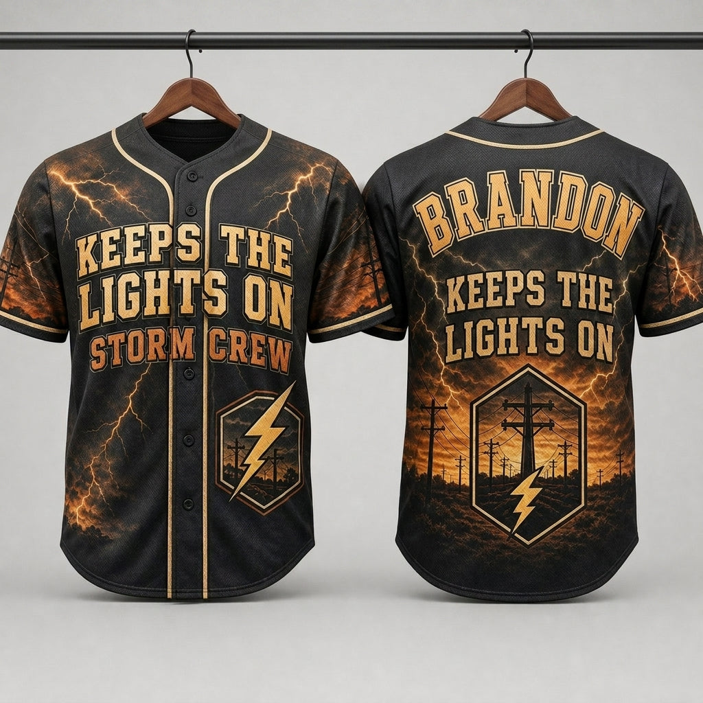 Personalized Lineman Storm Crew Baseball Jersey - Keeps The Lights On Custom Name Shirt