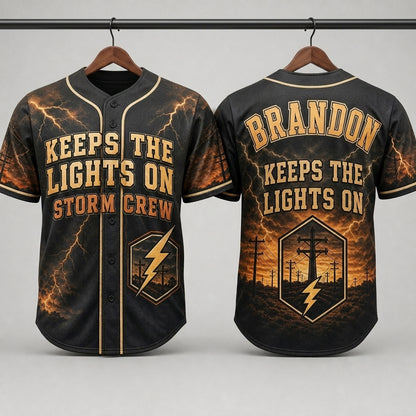 Personalized Lineman Storm Crew Baseball Jersey - Keeps The Lights On Custom Name Shirt