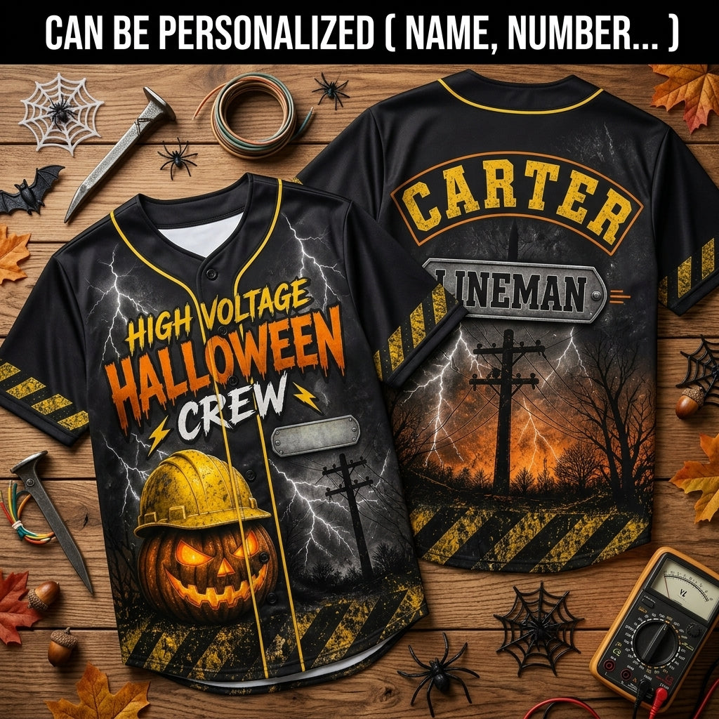 Personalized Lineman High Voltage Halloween Crew Baseball Jersey - Custom Name Electrician Gift